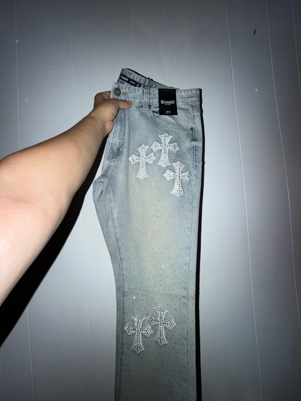 Men's Light Blue Jeans with embroidered Crosses
